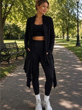 LAmade Black Draped Open-Front Cardigan with Black Active Set